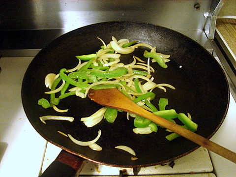 Sauting the onion and green pepper